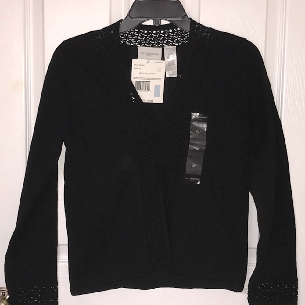 Liz Claiborne Crochet Cotton V Sweater Cardigan Black Boho Vintage